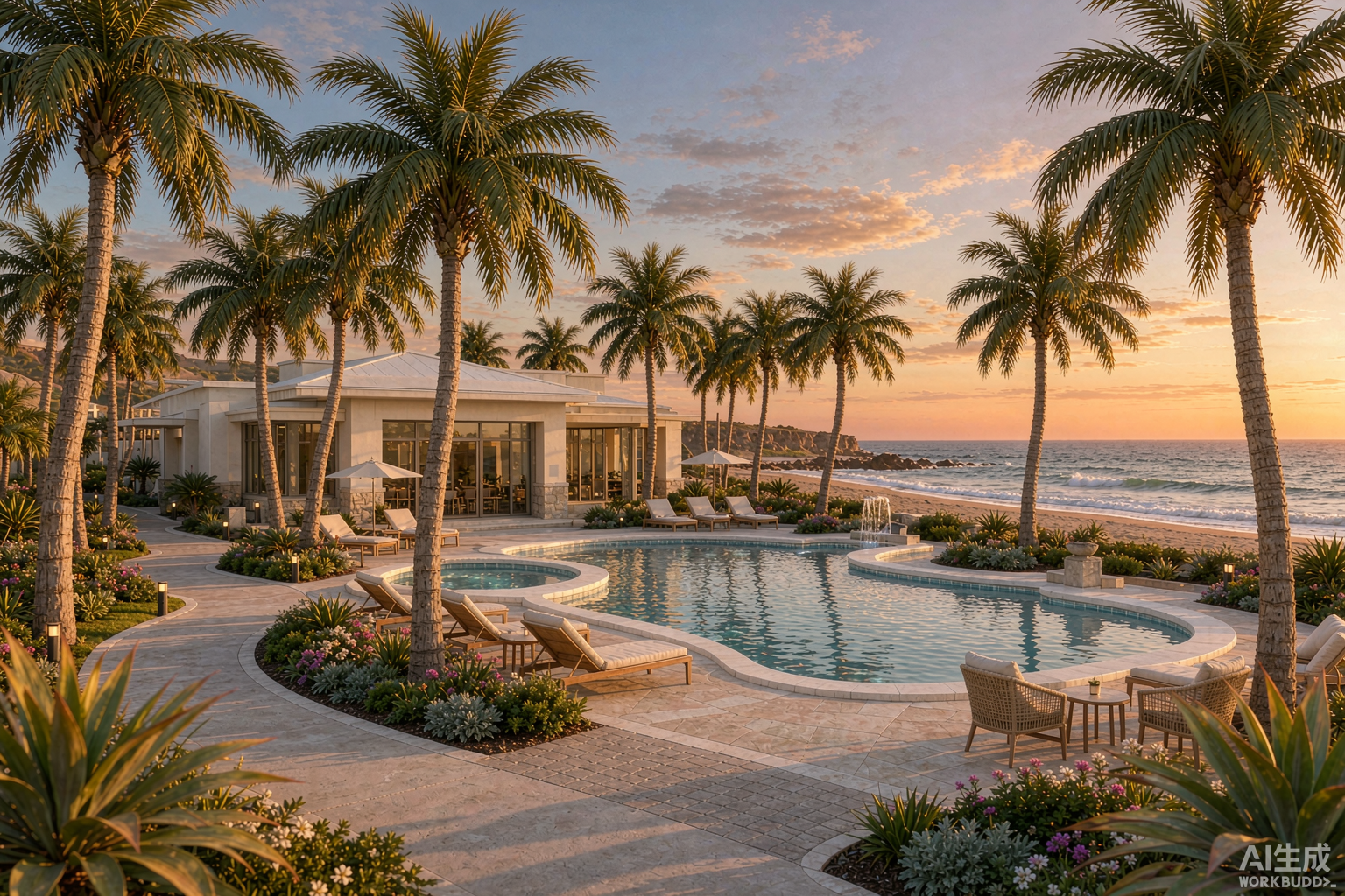 Outdoor artificial palm trees at California beach resort pool