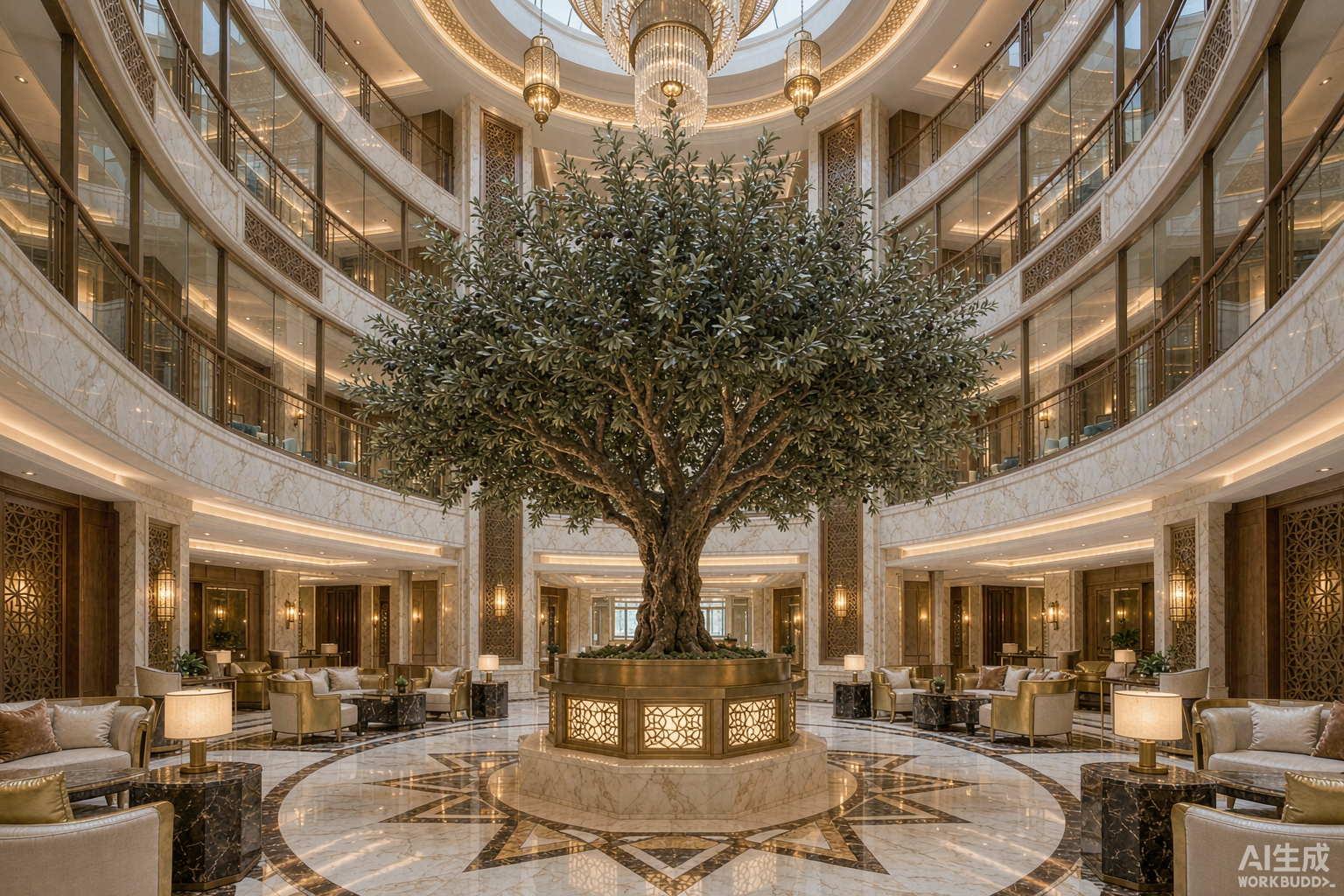 Finished custom artificial olive tree installed in a five-star hotel atrium project
