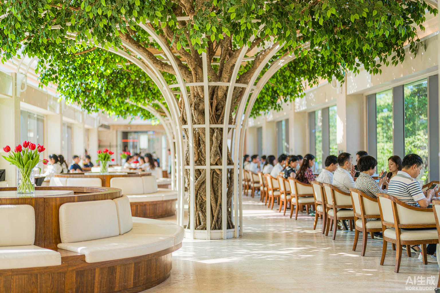Biophilic artificial ficus canopy in Singapore airport lounge