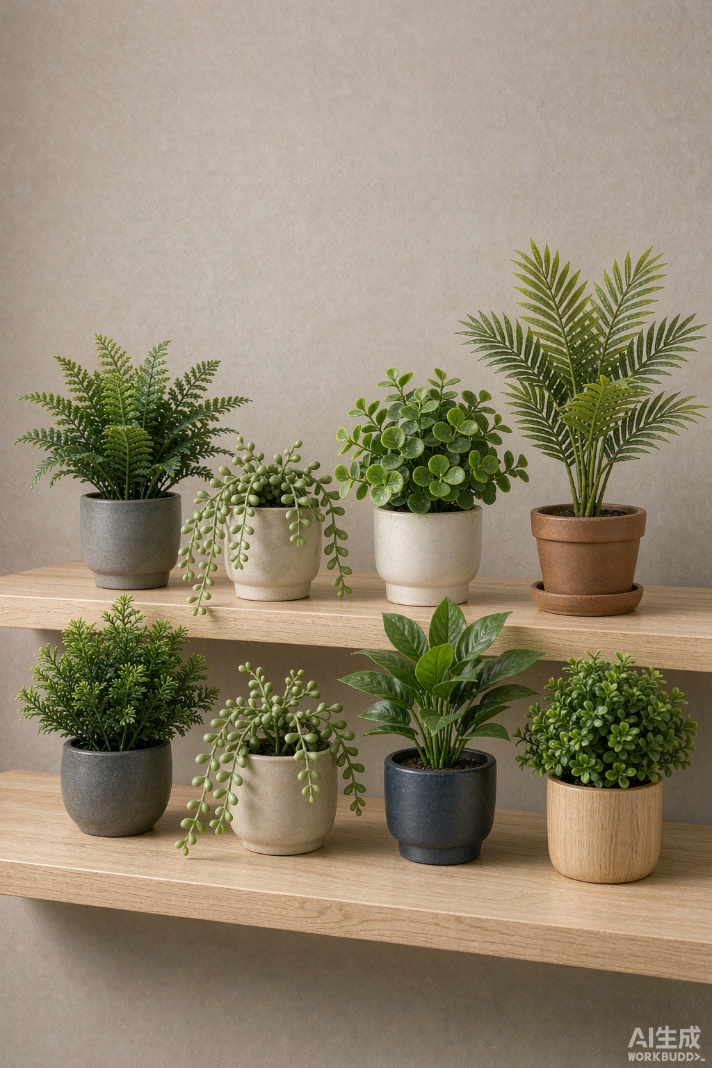 Wholesale potted artificial green plants on display shelves