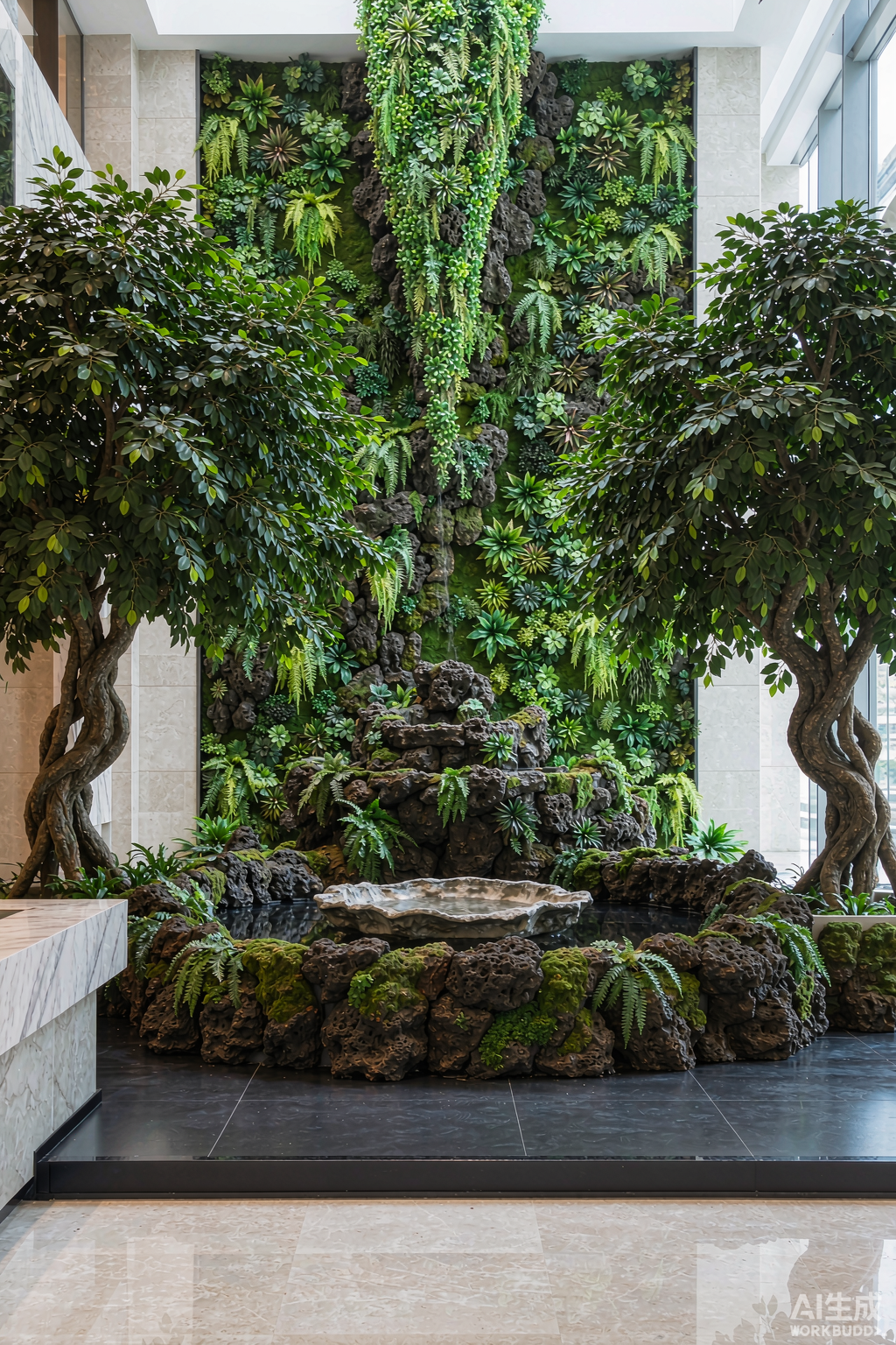 Artificial green wall and rockery in commercial office lobby