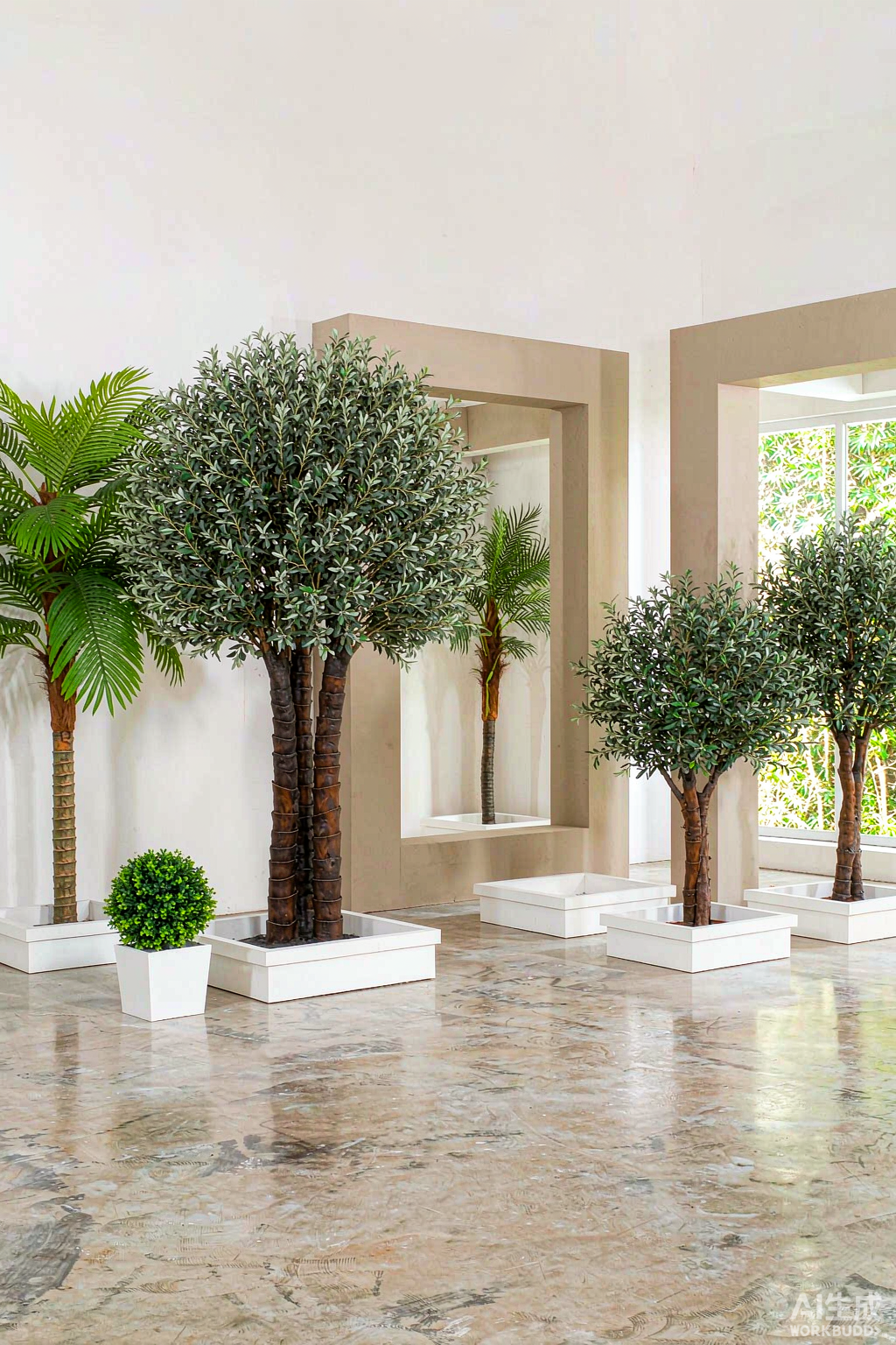 Commercial artificial olive trees and palms in manufacturer showroom