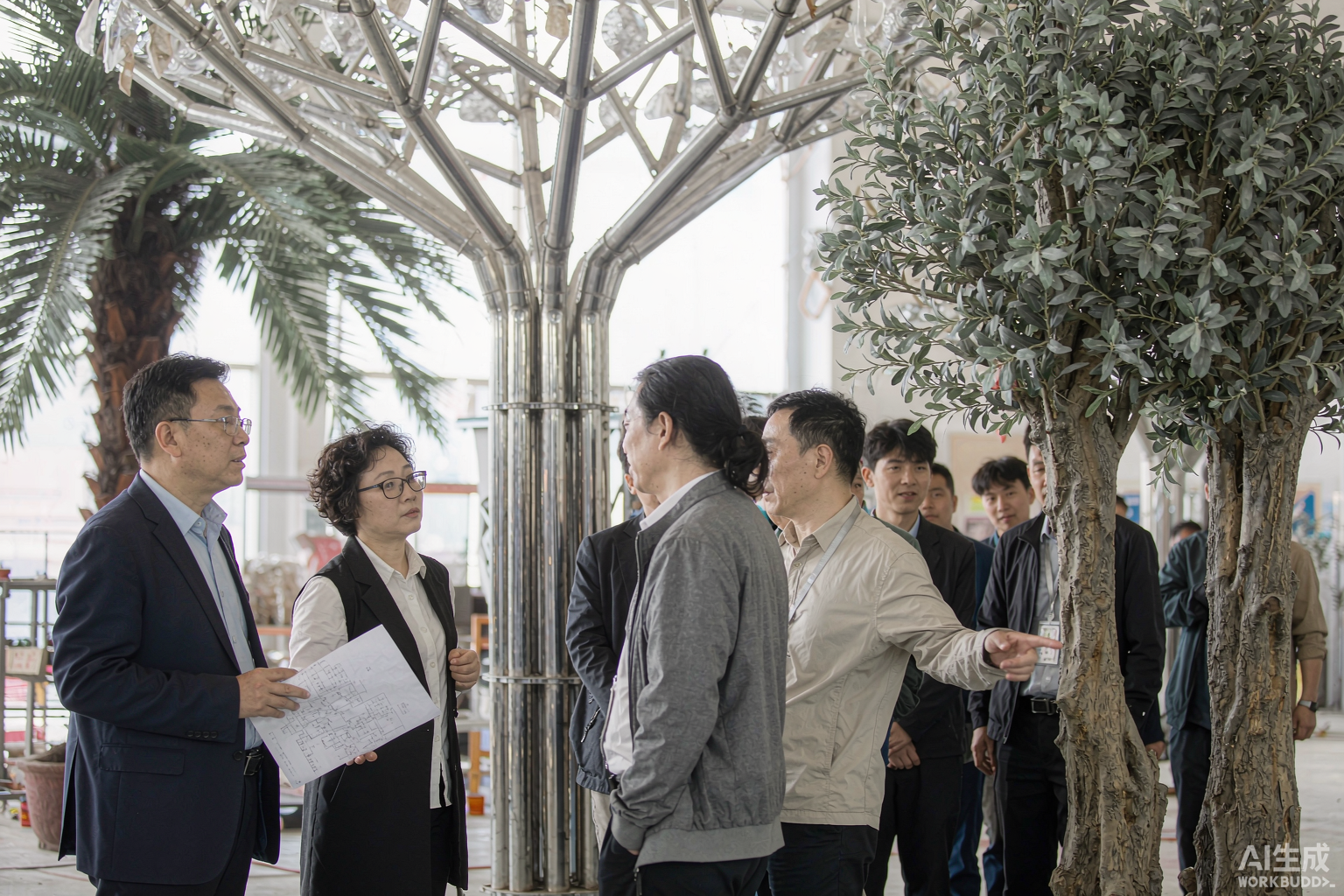 Engineering team reviewing tree samples with international clients